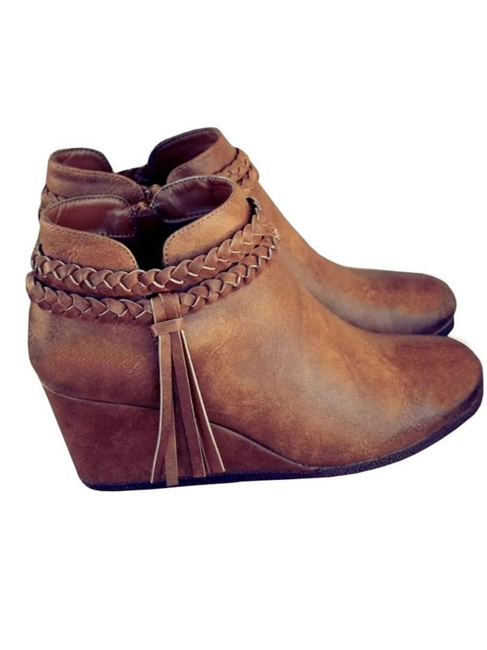 Womens Wedge Ankle Boots Braided Fringe Strap Western Heeled Fall Booties Dress